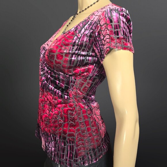 Y2K Snake Print Flocked Velvet Burnout Top Size M Pink Burgundy V Neck - Picture 6 of 14